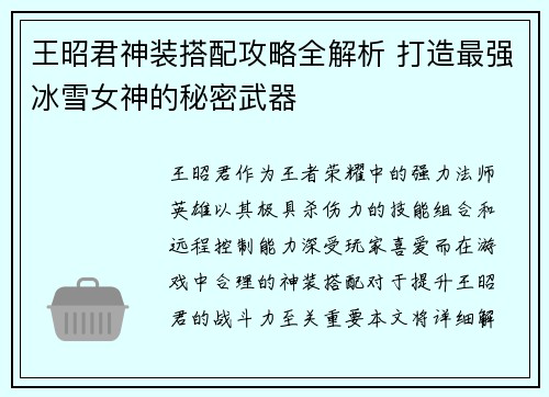 王昭君神装搭配攻略全解析 打造最强冰雪女神的秘密武器